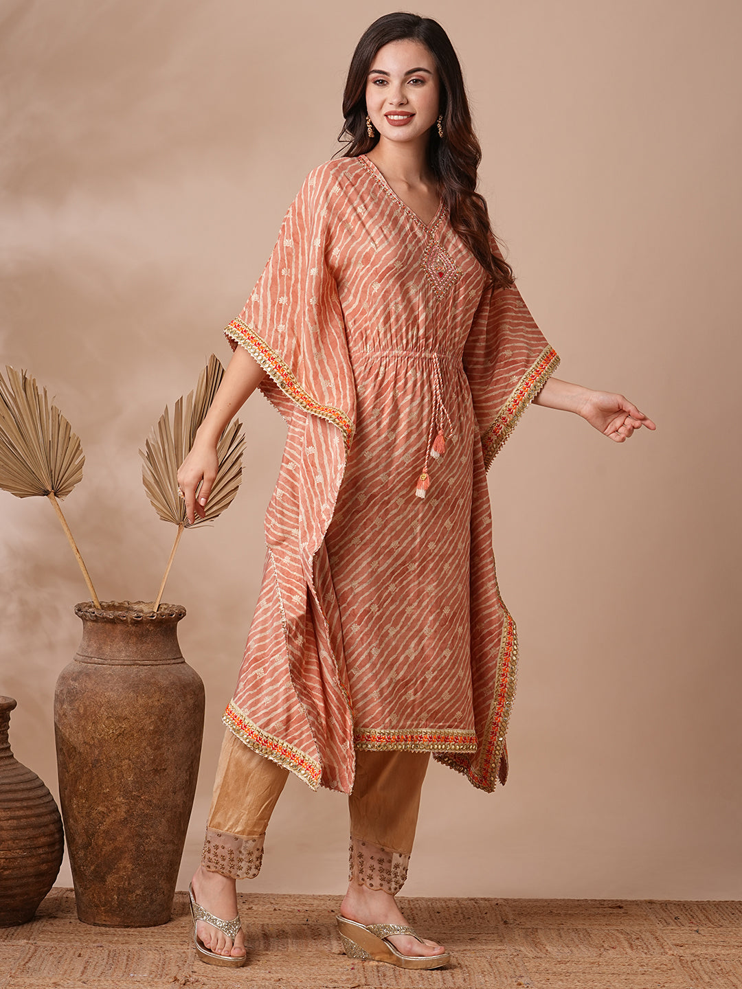 Leheriya Foil Printed & Embroidered Kaftan Midi Dress - Peach