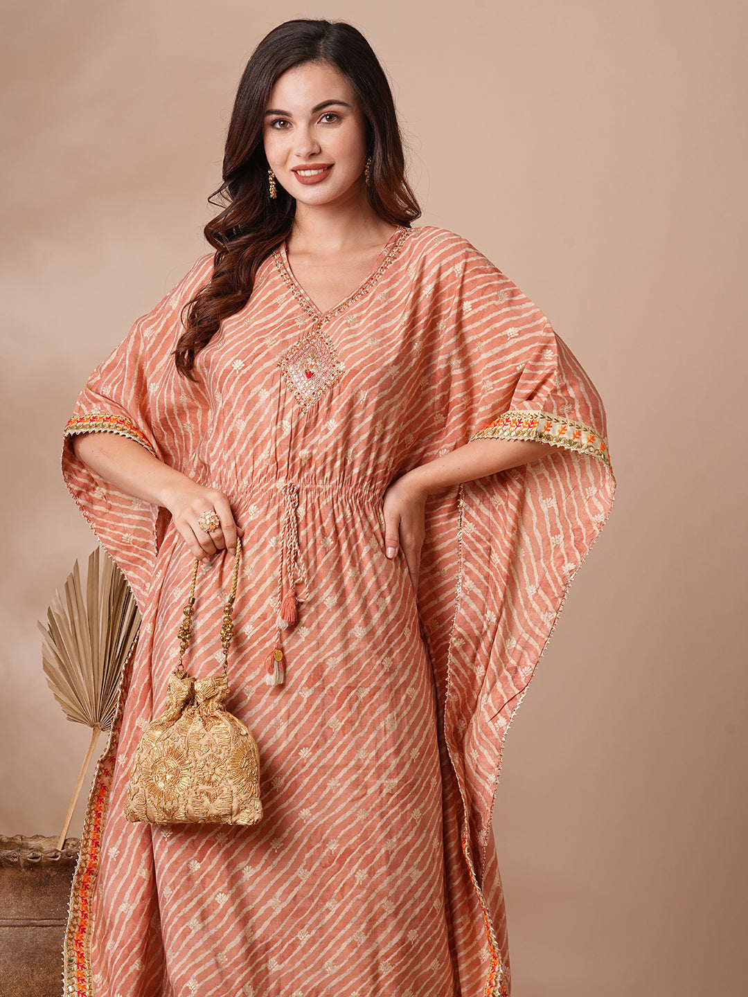 Leheriya Foil Printed & Embroidered Kaftan Midi Dress - Peach