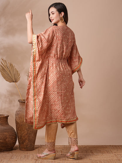 Leheriya Foil Printed & Embroidered Kaftan Midi Dress - Peach