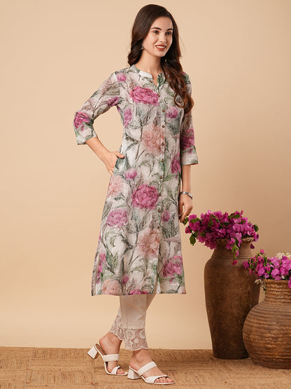 Abstract Floral Printed A-Line Cotton Flax Kurta - Mint Green