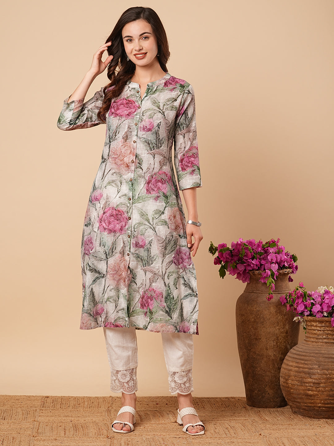 Abstract Floral Printed A-Line Cotton Flax Kurta - Mint Green