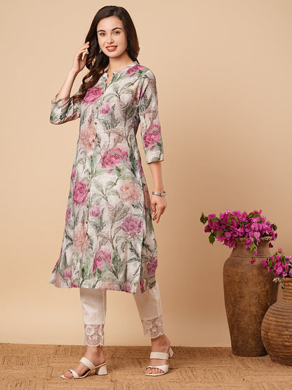 Abstract Floral Printed A-Line Cotton Flax Kurta - Mint Green