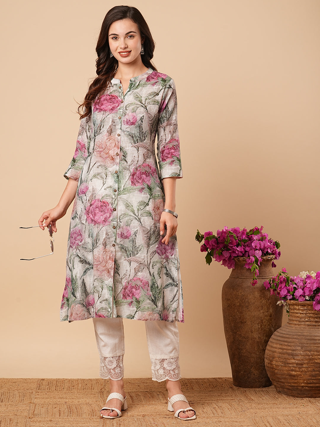 Abstract Floral Printed A-Line Cotton Flax Kurta - Mint Green