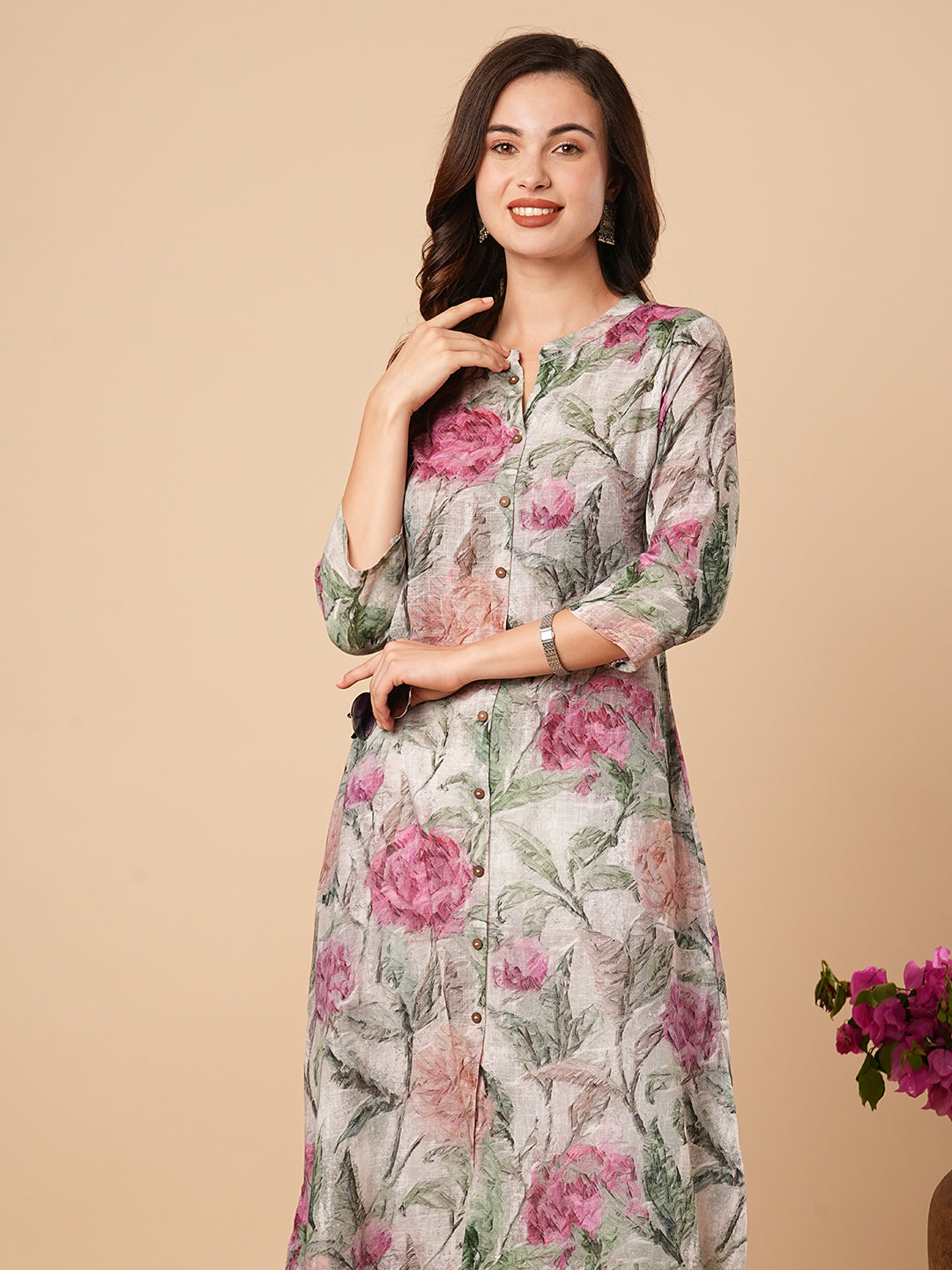 Abstract Floral Printed A-Line Cotton Flax Kurta - Mint Green