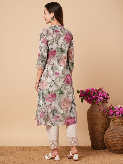 Abstract Floral Printed A-Line Cotton Flax Kurta - Mint Green