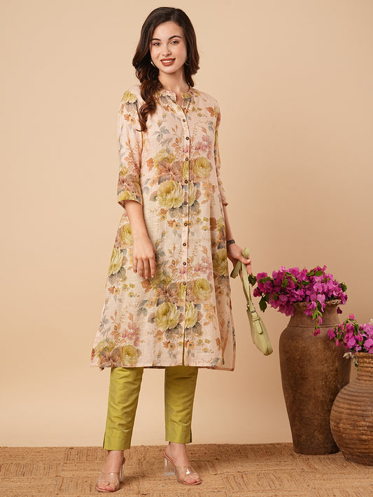 Abstract Floral Printed A-Line Cotton Flax Kurta - Cream