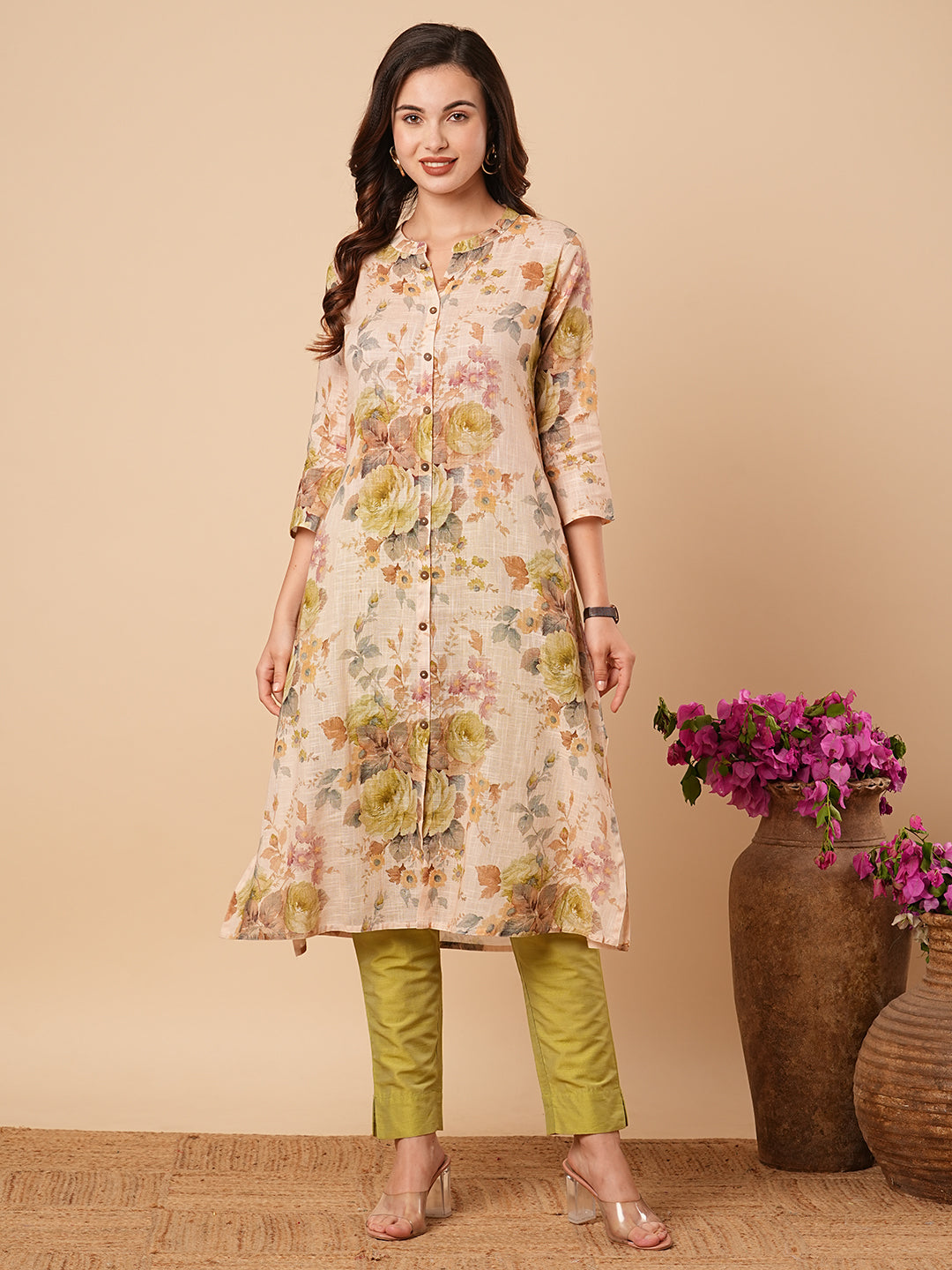 Abstract Floral Printed A-Line Cotton Flax Kurta - Cream