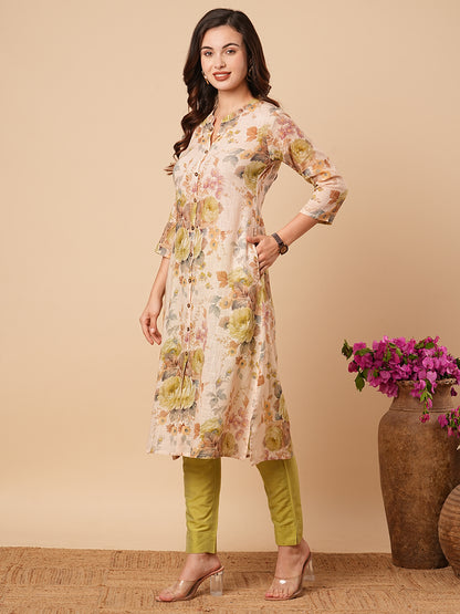 Abstract Floral Printed A-Line Cotton Flax Kurta - Cream