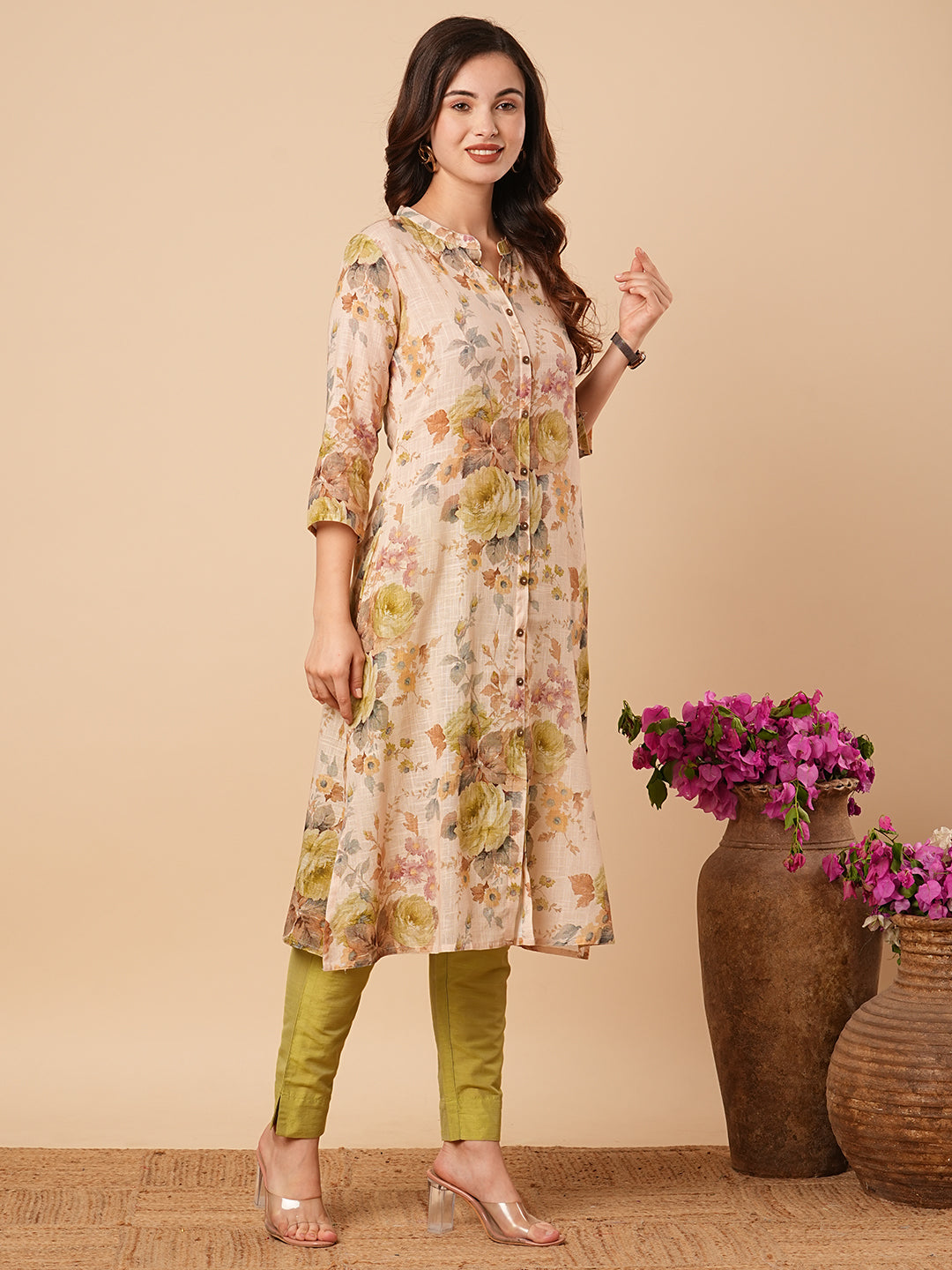 Abstract Floral Printed A-Line Cotton Flax Kurta - Cream