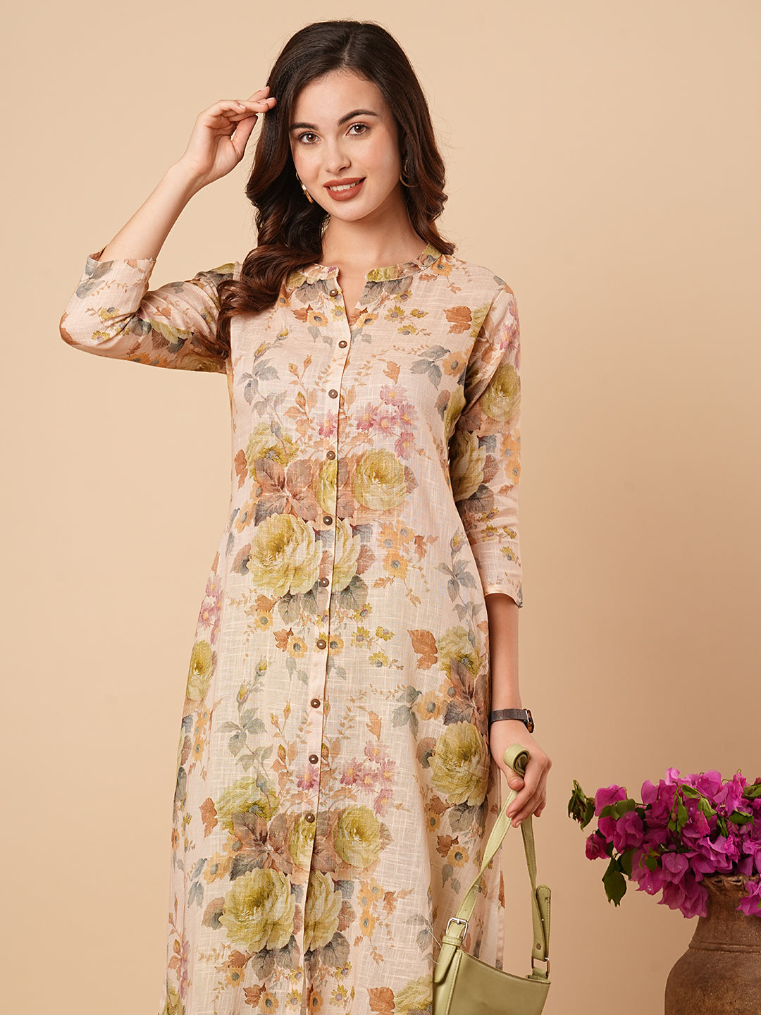 Abstract Floral Printed A-Line Cotton Flax Kurta - Cream