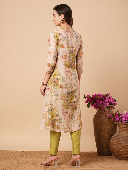 Abstract Floral Printed A-Line Cotton Flax Kurta - Cream