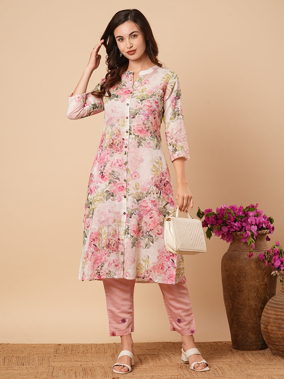 Abstract Floral Printed A-Line Cotton Flax Kurta - Pink