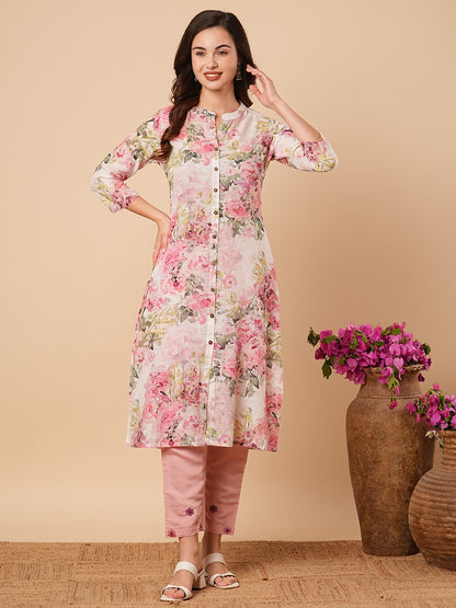 Abstract Floral Printed A-Line Cotton Flax Kurta - Pink