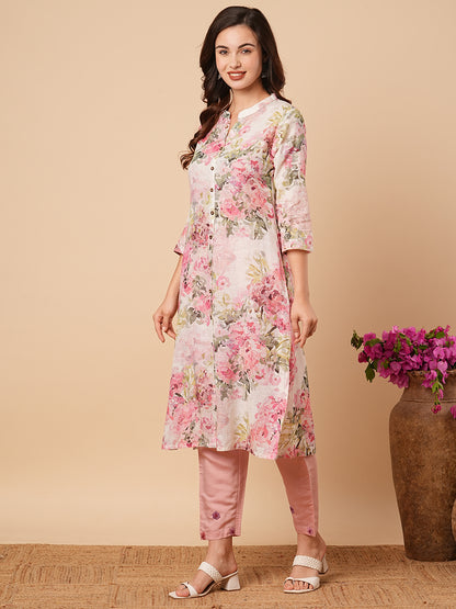 Abstract Floral Printed A-Line Cotton Flax Kurta - Pink