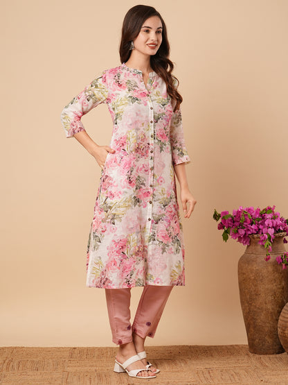 Abstract Floral Printed A-Line Cotton Flax Kurta - Pink