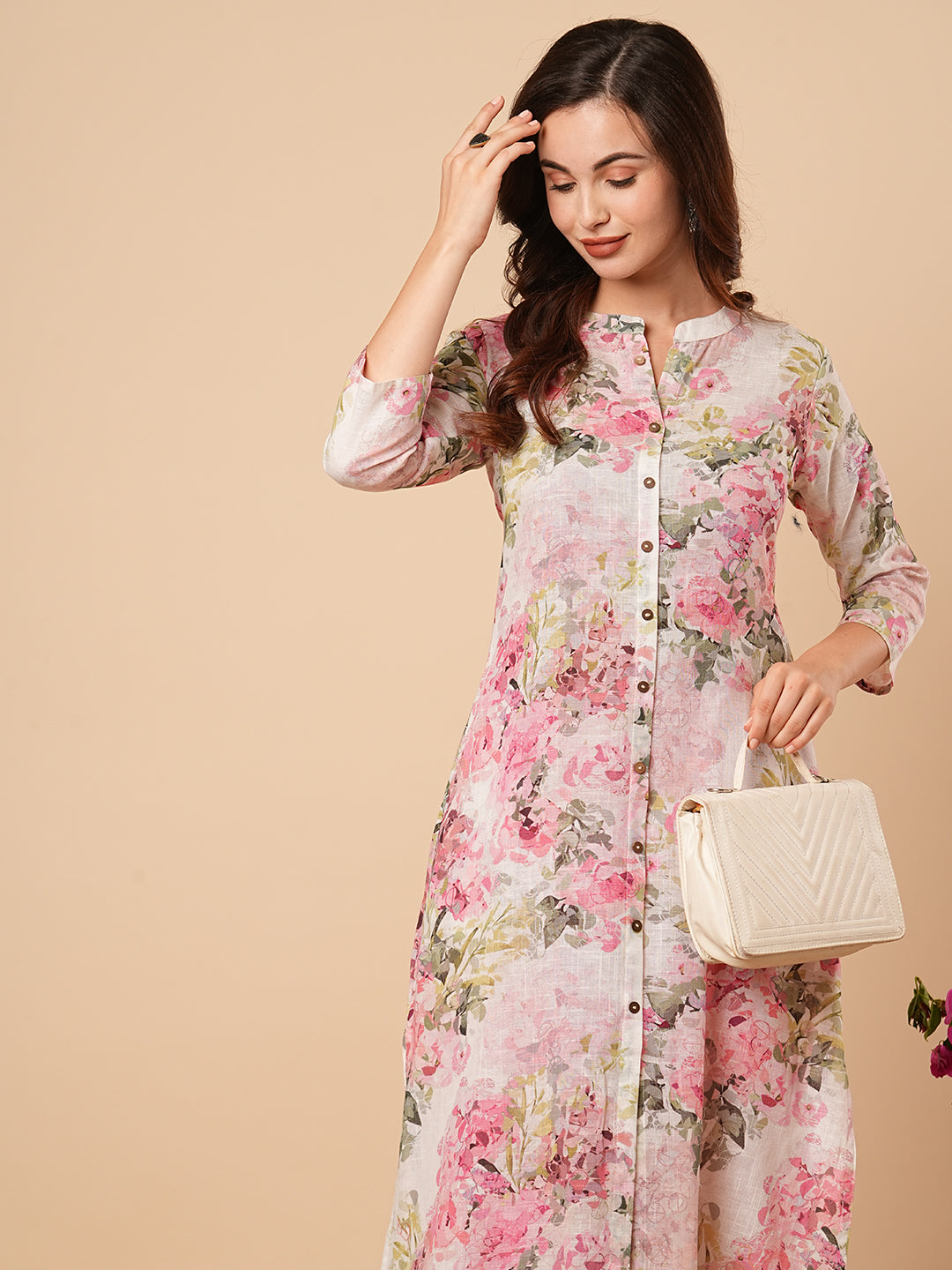 Abstract Floral Printed A-Line Cotton Flax Kurta - Pink