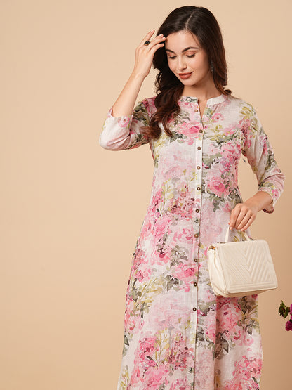 Abstract Floral Printed A-Line Cotton Flax Kurta - Pink