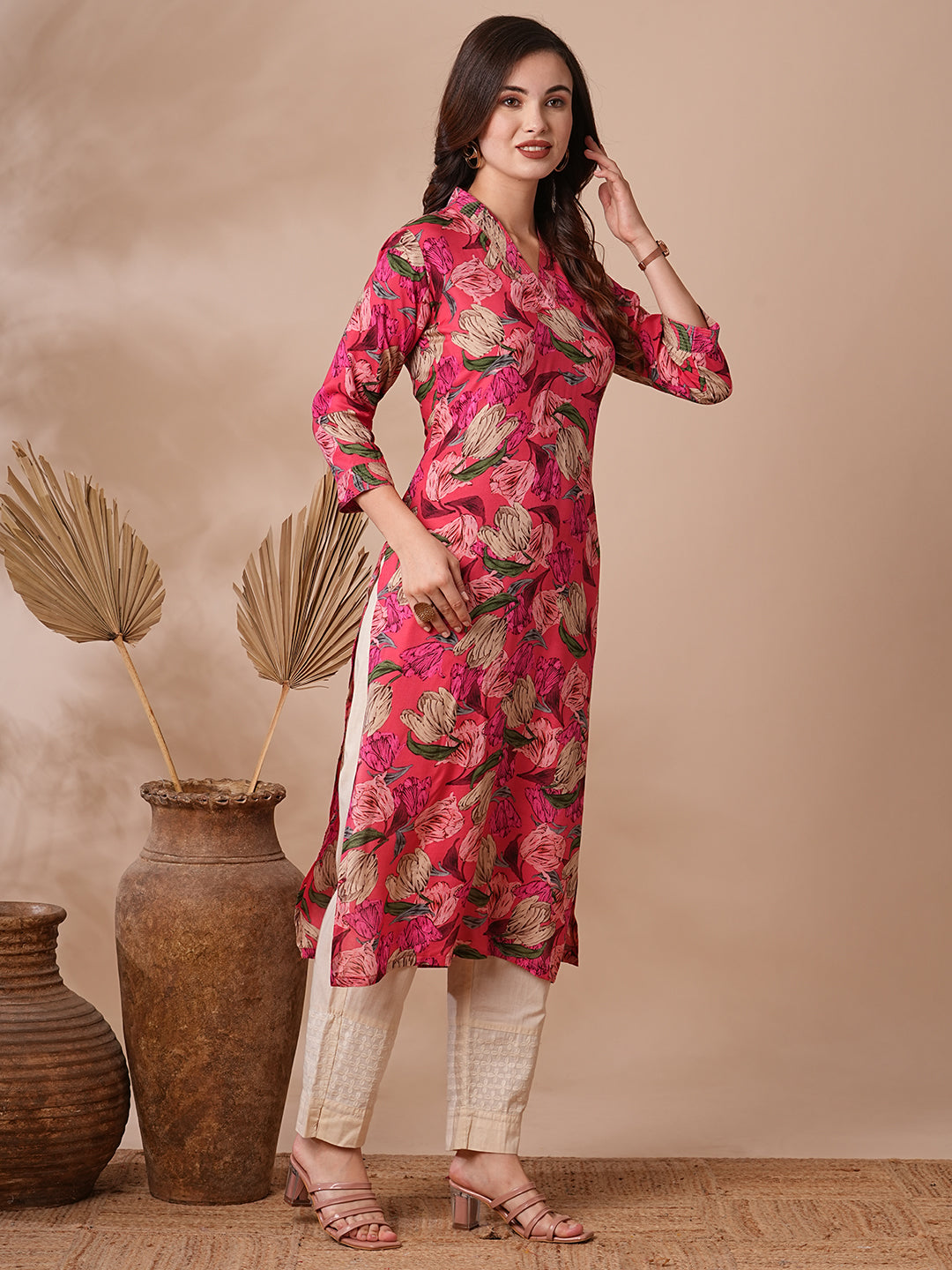 Abstract Floral Printed Straight Fit Kurta - Pink