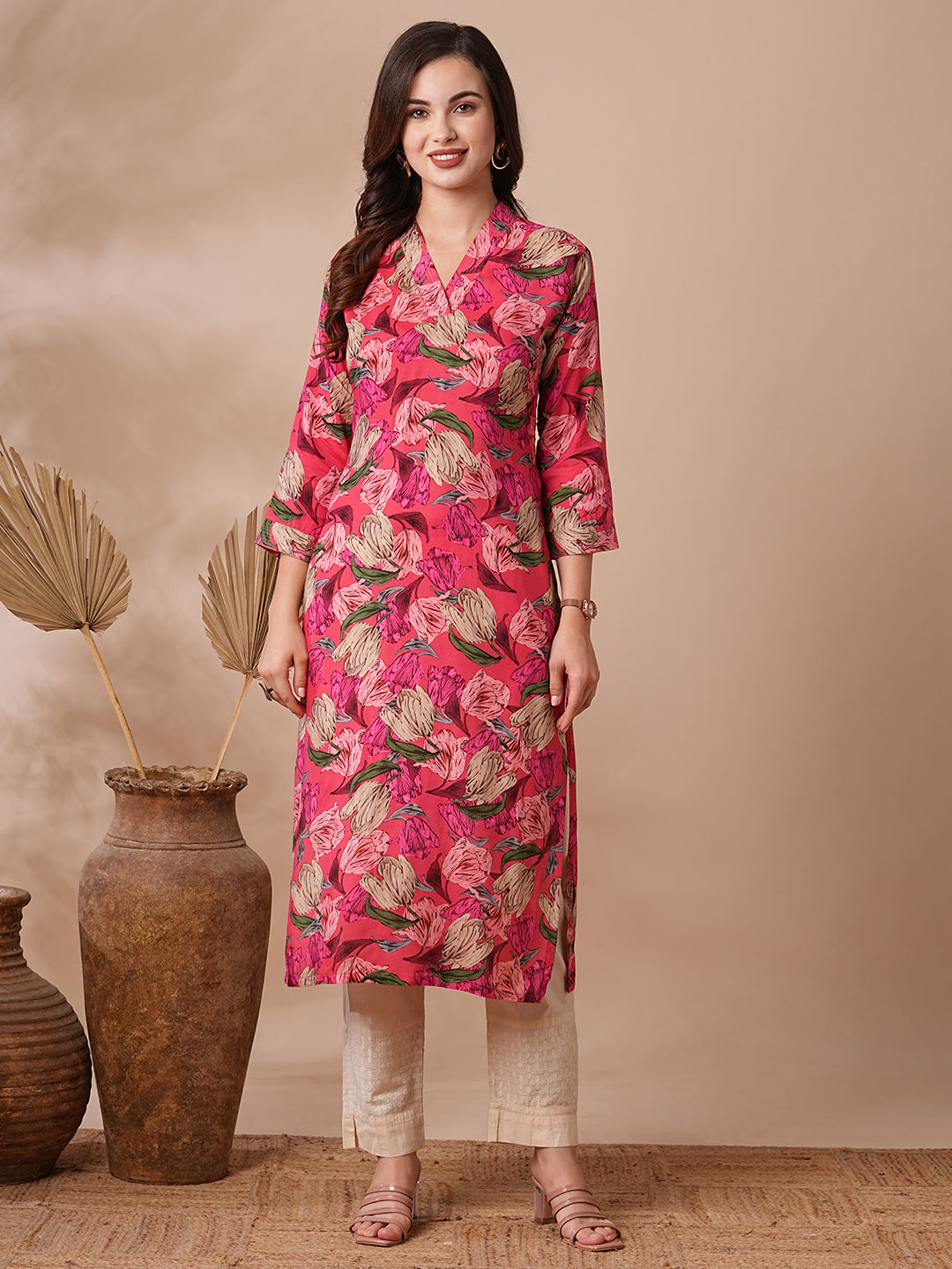 Abstract Floral Printed Straight Fit Kurta - Pink