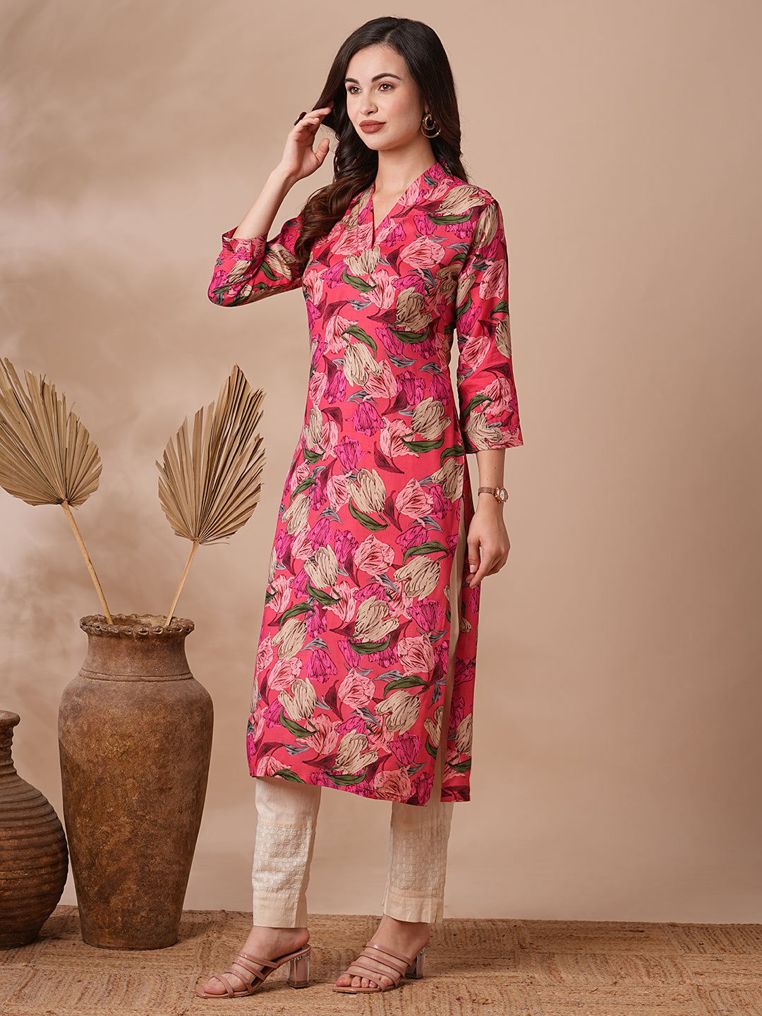 Abstract Floral Printed Straight Fit Kurta - Pink