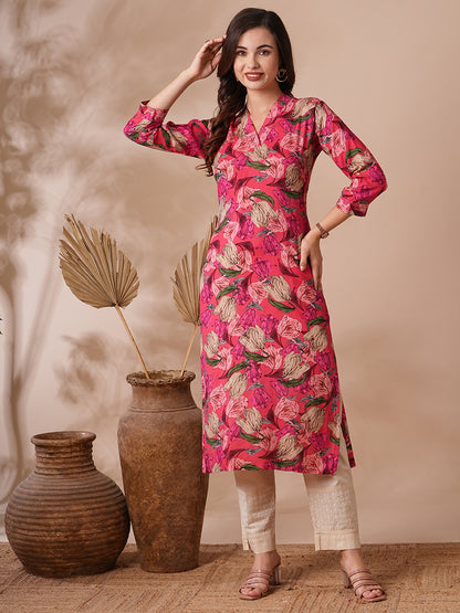 Abstract Floral Printed Straight Fit Kurta - Pink