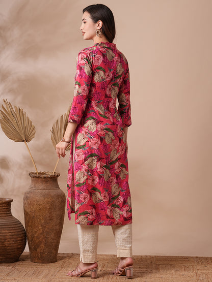 Abstract Floral Printed Straight Fit Kurta - Pink