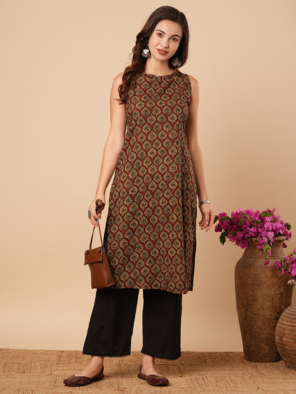 Ethnic Printed Straight Fit Cotton Kurta - Rust