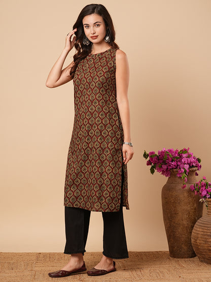 Ethnic Printed Straight Fit Cotton Kurta - Rust