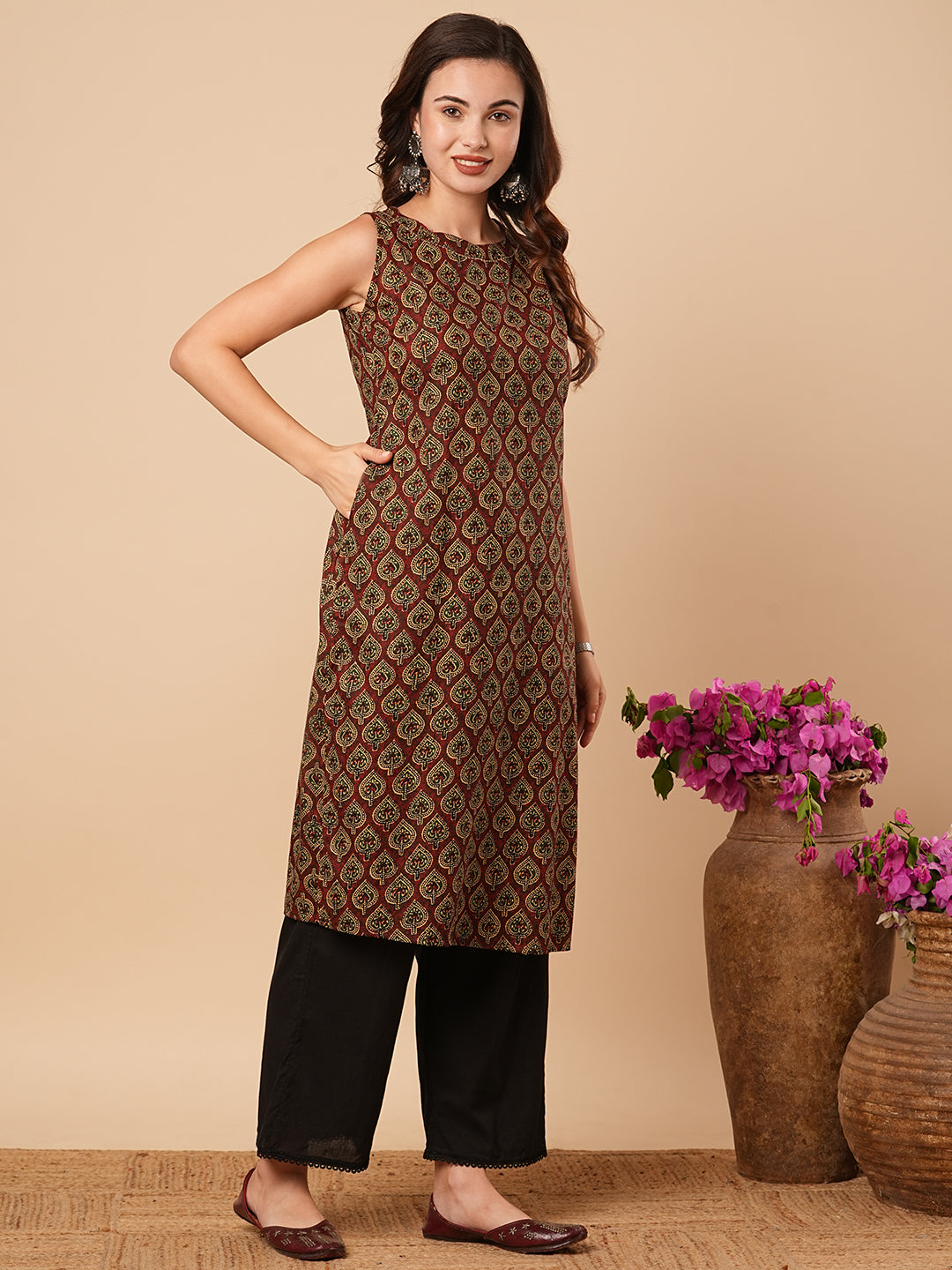 Ethnic Printed Straight Fit Cotton Kurta - Rust