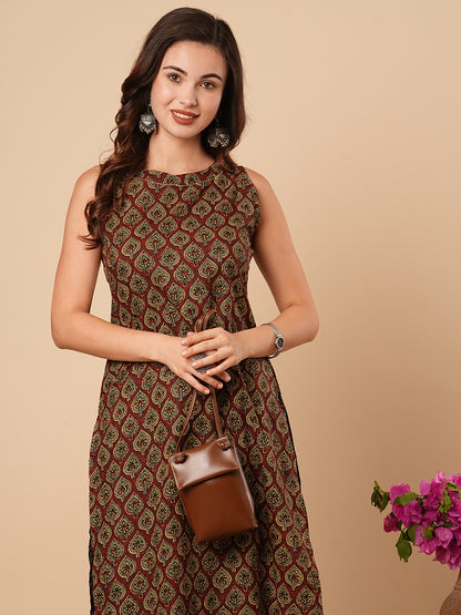 Ethnic Printed Straight Fit Cotton Kurta - Rust