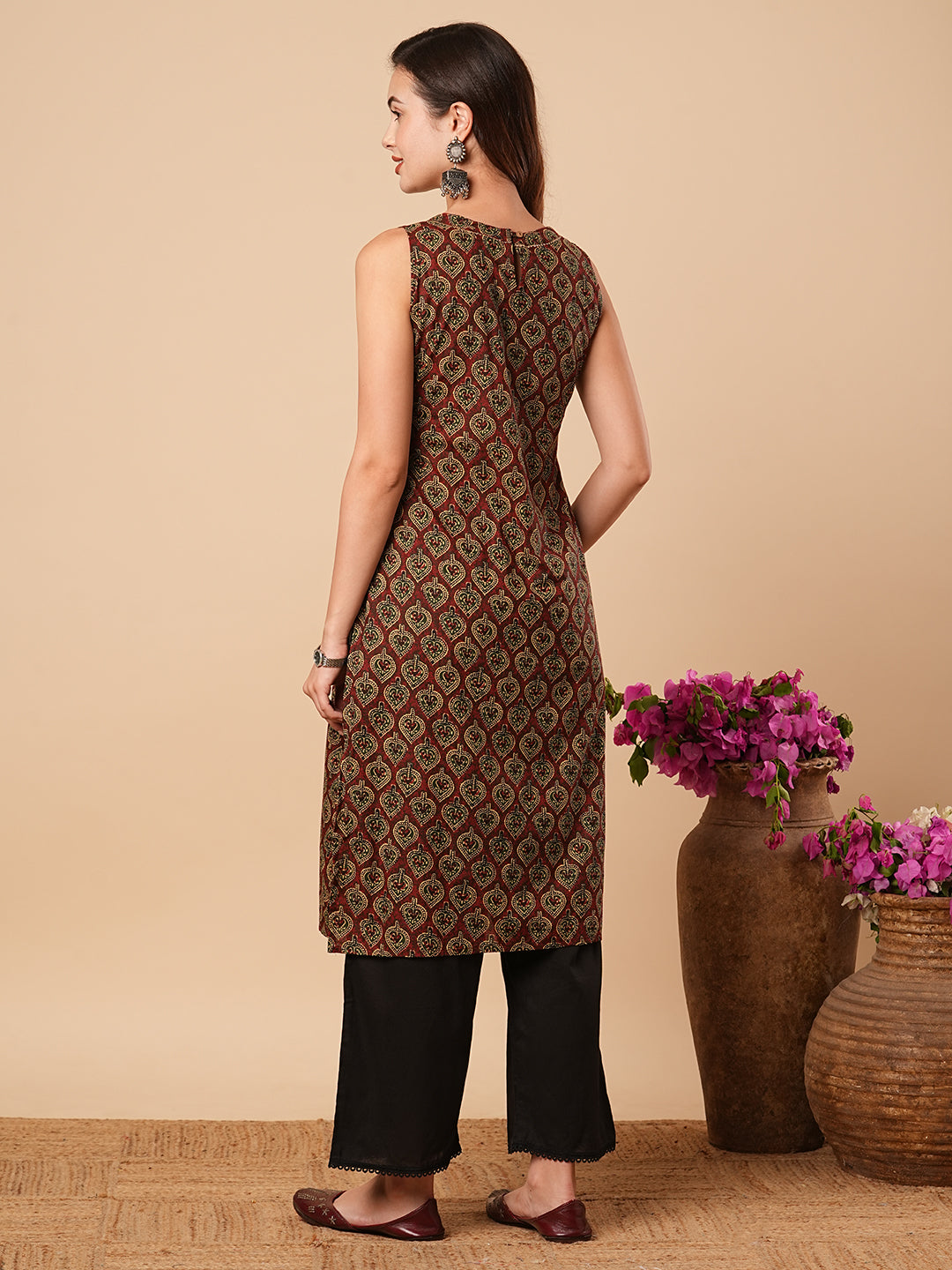 Ethnic Printed Straight Fit Cotton Kurta - Rust