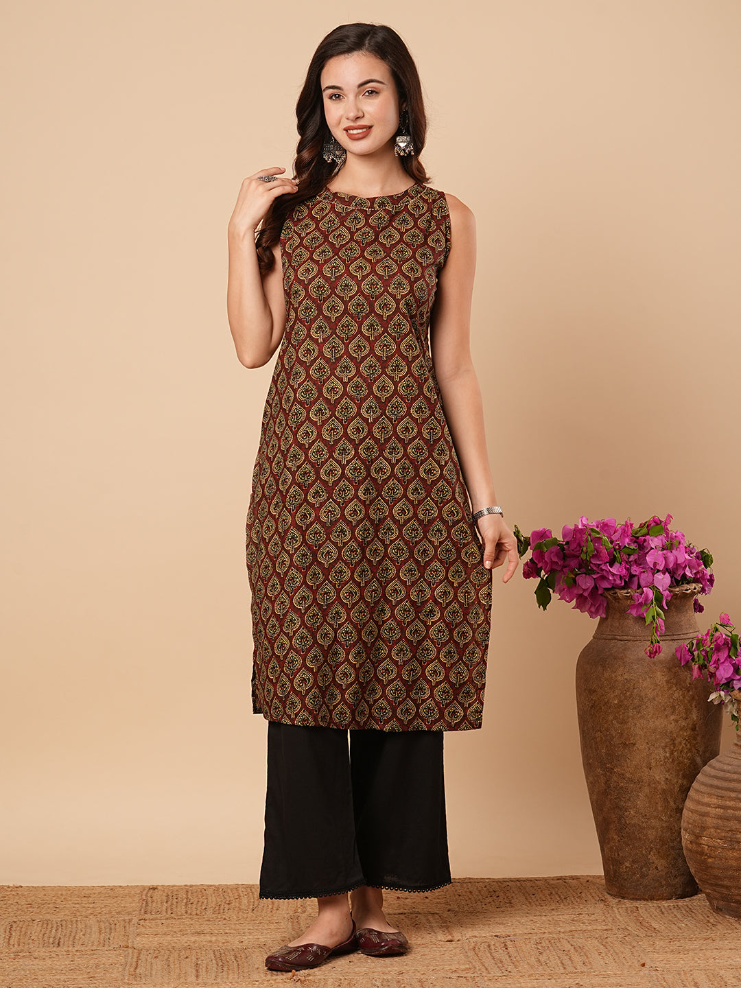 Ethnic Printed Straight Fit Cotton Kurta - Rust