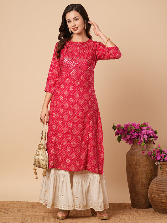 Ethnic Bandhani Foil Printed & Mirror Work Straight Fit Kurta - Magenta