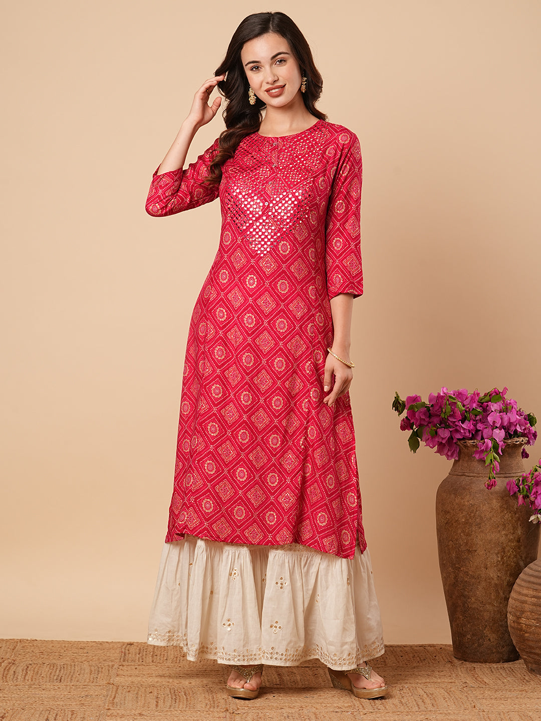 Ethnic Bandhani Foil Printed & Mirror Work Straight Fit Kurta - Magenta