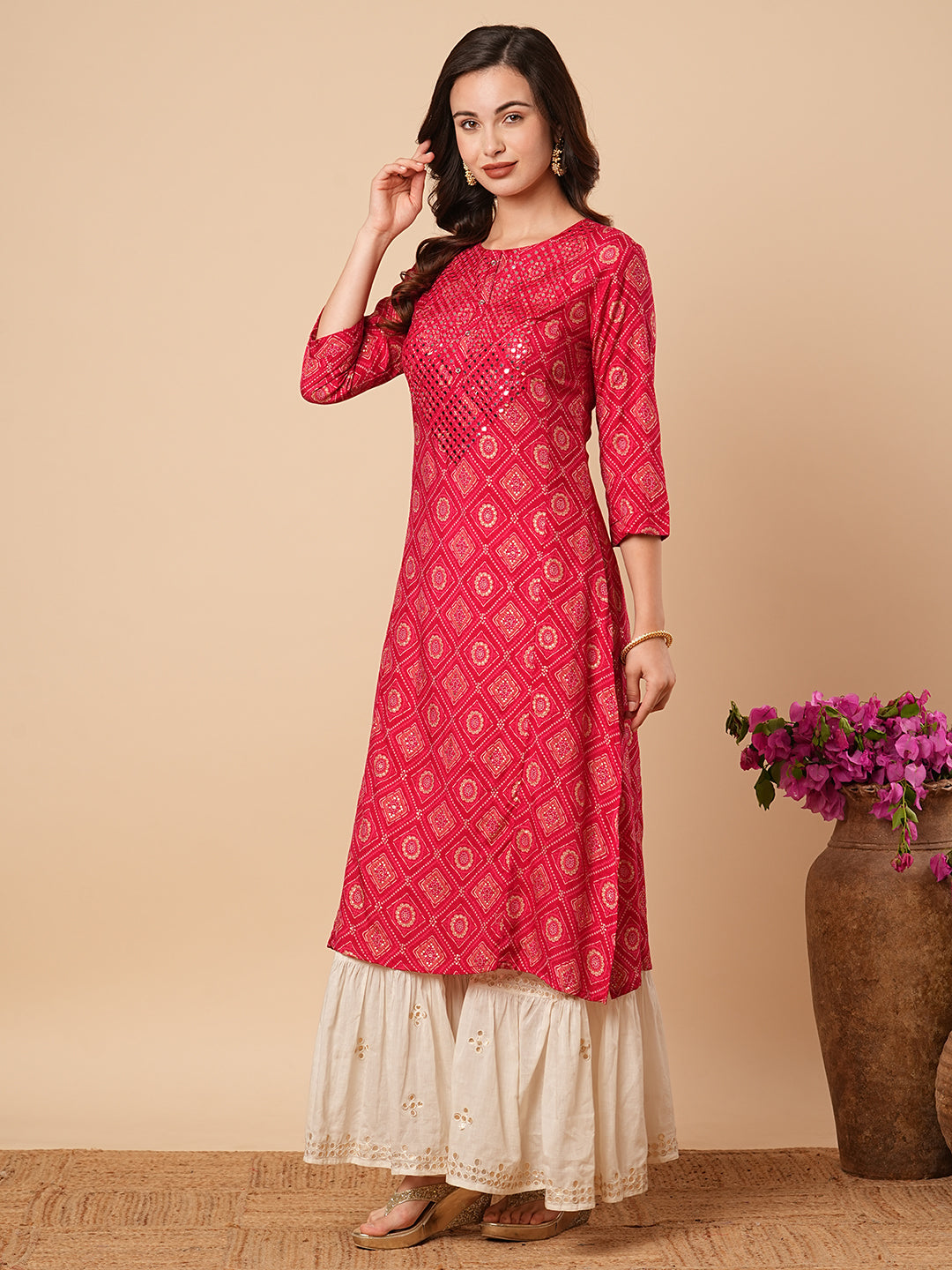 Ethnic Bandhani Foil Printed & Mirror Work Straight Fit Kurta - Magenta