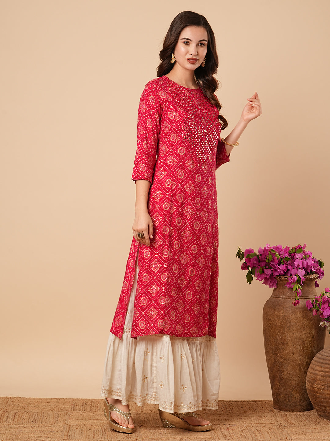 Ethnic Bandhani Foil Printed & Mirror Work Straight Fit Kurta - Magenta