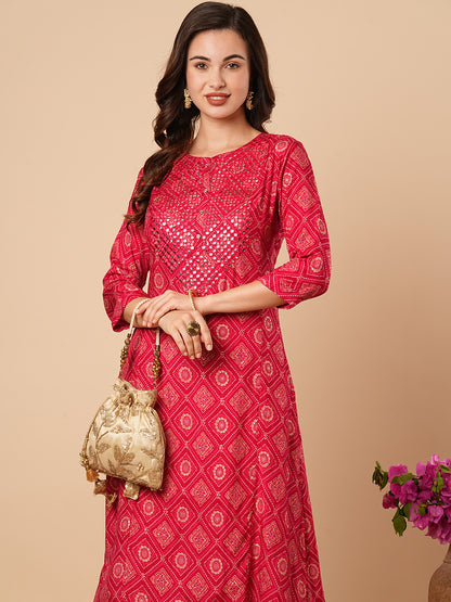 Ethnic Bandhani Foil Printed & Mirror Work Straight Fit Kurta - Magenta