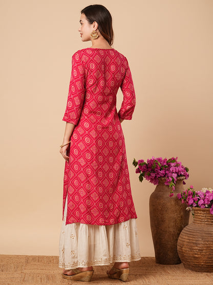 Ethnic Bandhani Foil Printed & Mirror Work Straight Fit Kurta - Magenta