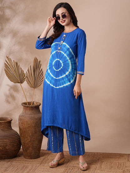 Ethnic Shibori Dyed & Embellished Straight Kurta with Gold Lurex Pant - Blue