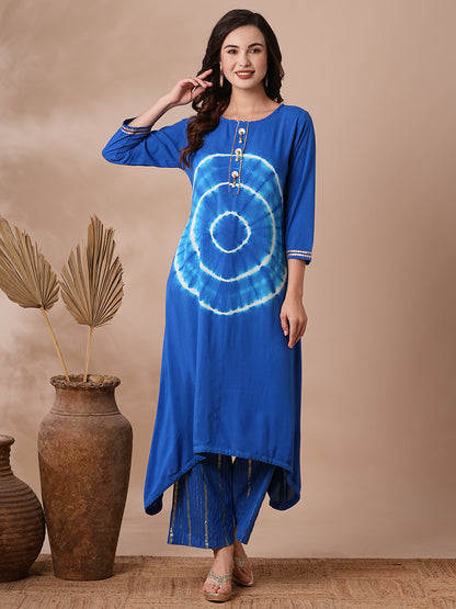 Ethnic Shibori Dyed & Embellished Straight Kurta with Gold Lurex Pant - Blue