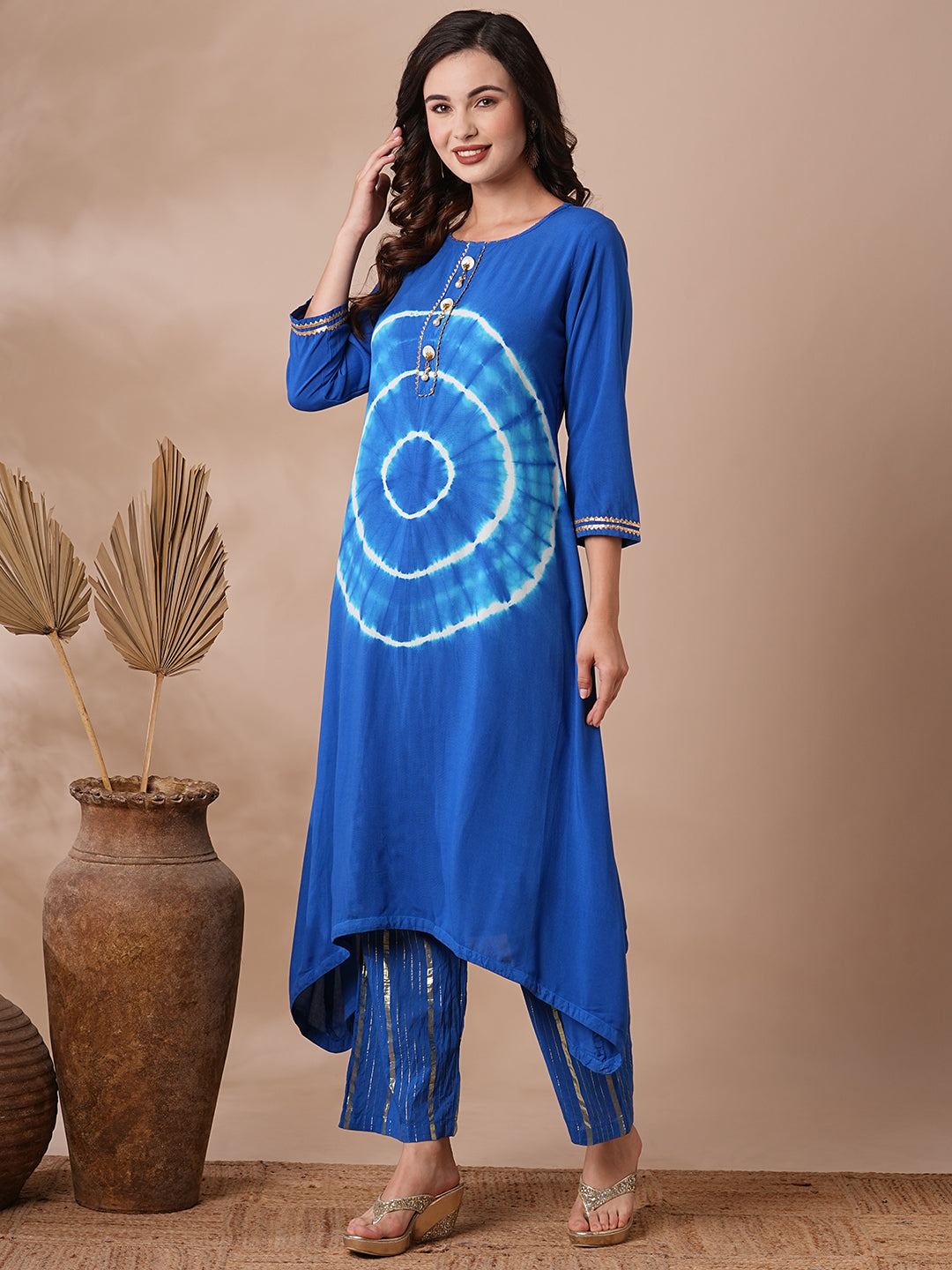 Ethnic Shibori Dyed & Embellished Straight Kurta with Gold Lurex Pant - Blue