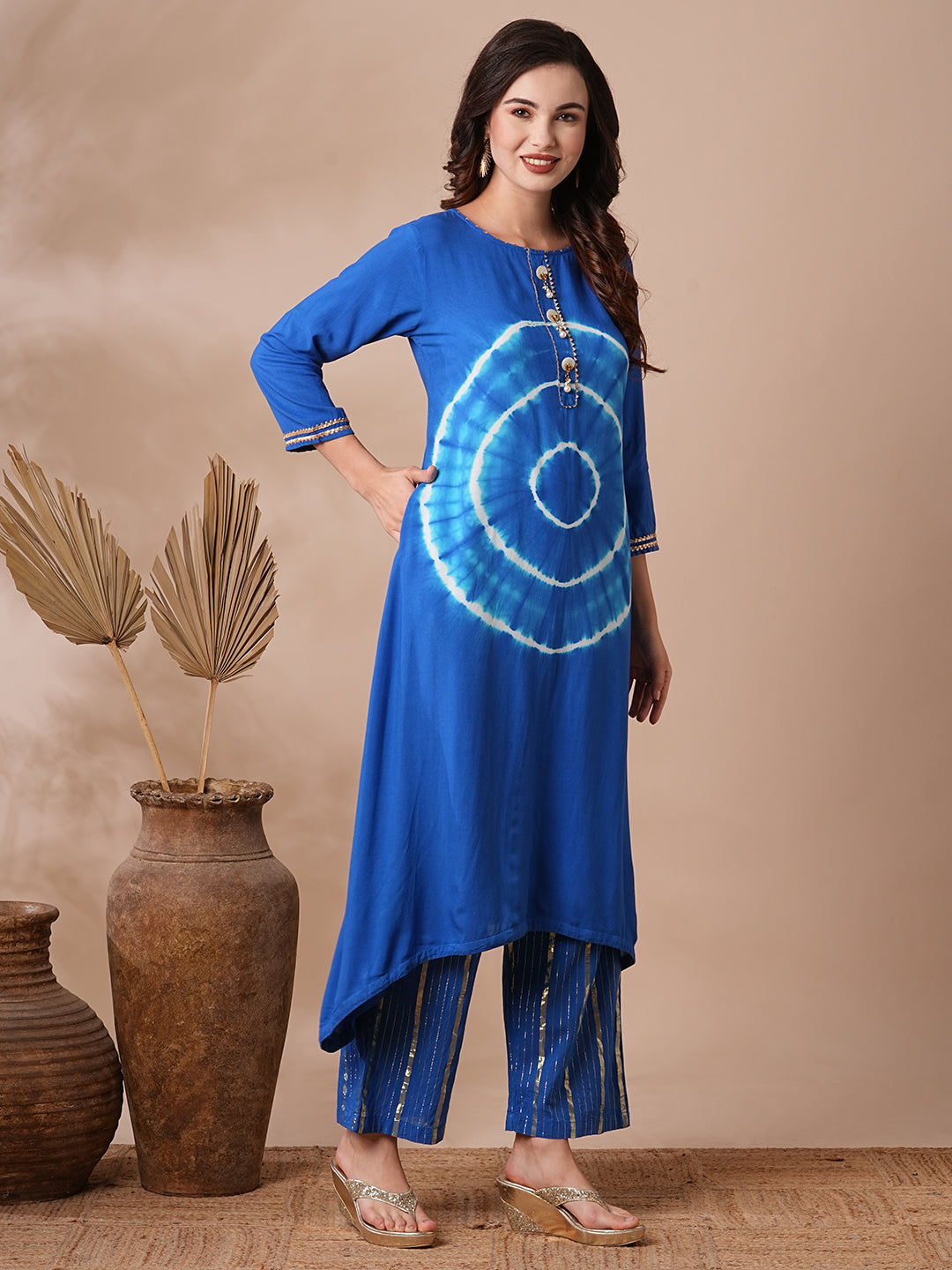 Ethnic Shibori Dyed & Embellished Straight Kurta with Gold Lurex Pant - Blue