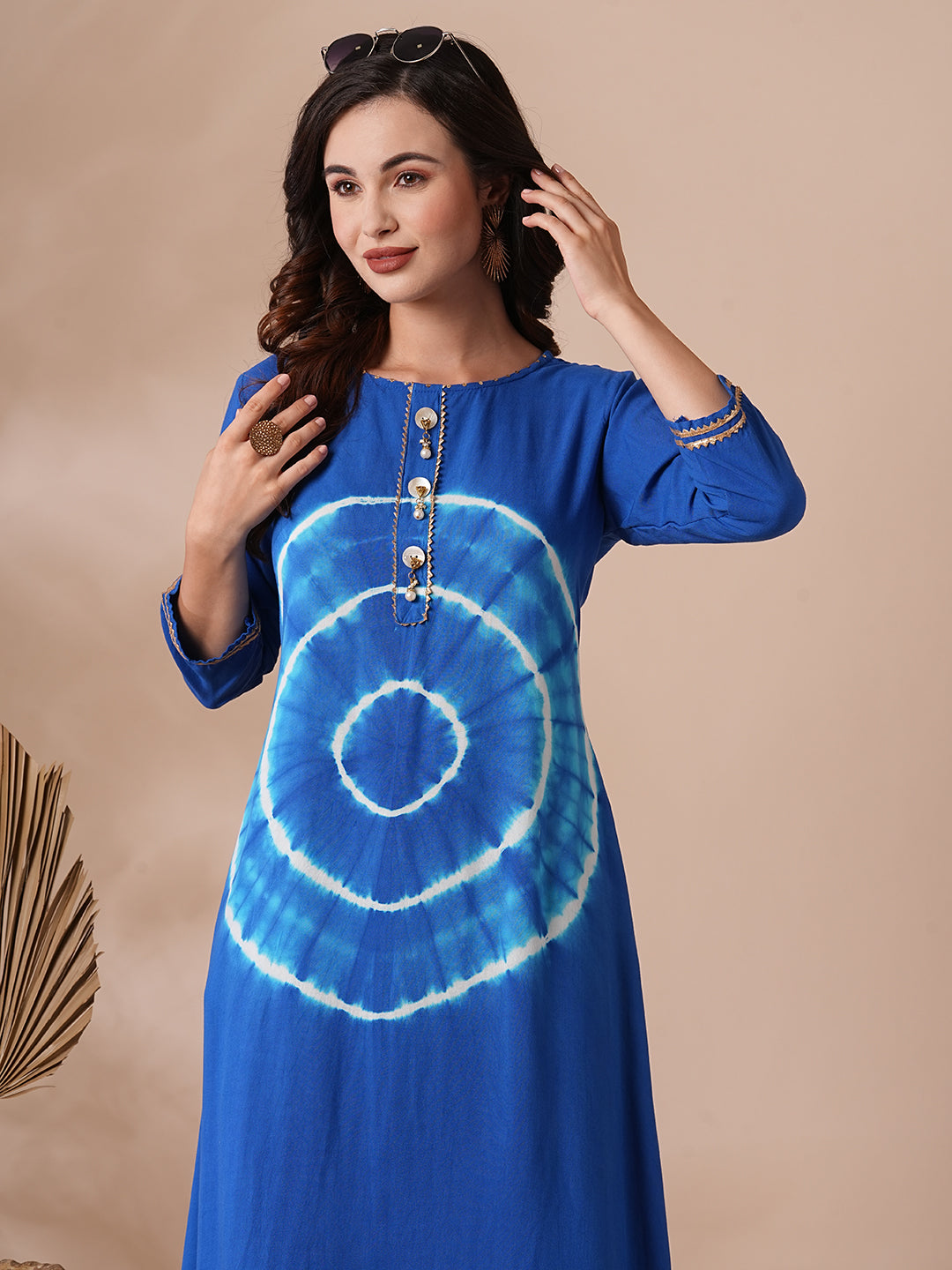 Ethnic Shibori Dyed & Embellished Straight Kurta with Gold Lurex Pant - Blue