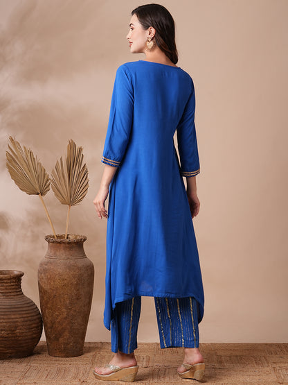 Ethnic Shibori Dyed & Embellished Straight Kurta with Gold Lurex Pant - Blue