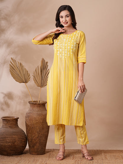 Stripes Printed Resham & Sequins Embroidered Kurta with Pants - Yellow