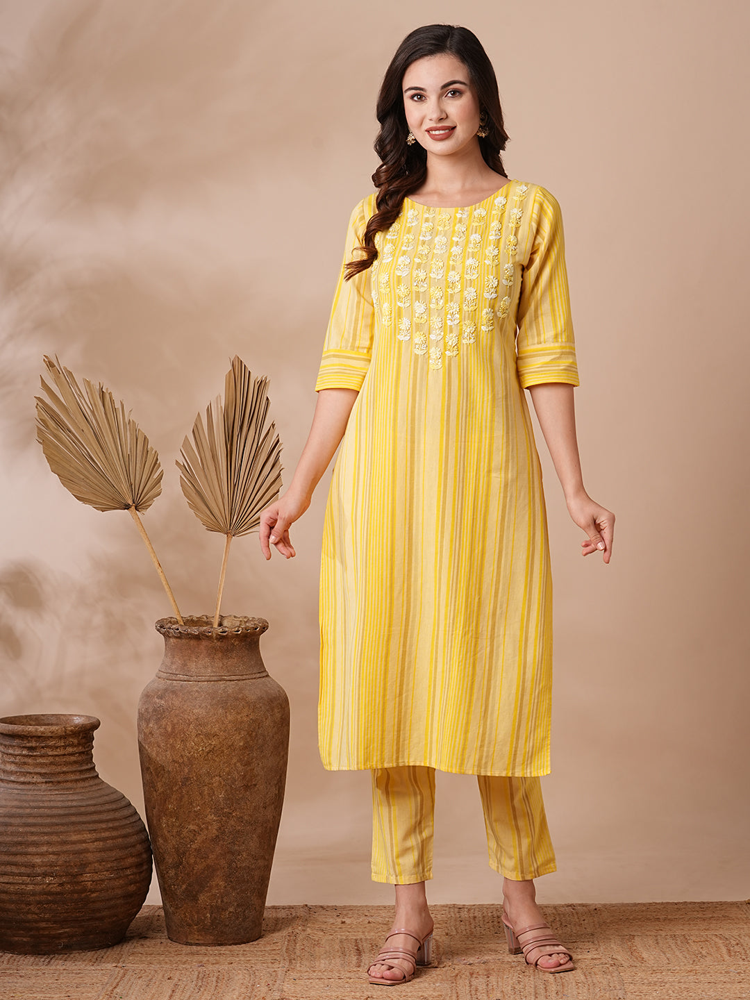 Stripes Printed Resham & Sequins Embroidered Kurta with Pants - Yellow