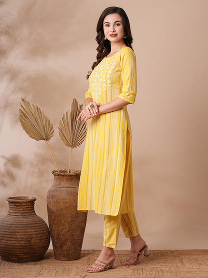 Stripes Printed Resham & Sequins Embroidered Kurta with Pants - Yellow