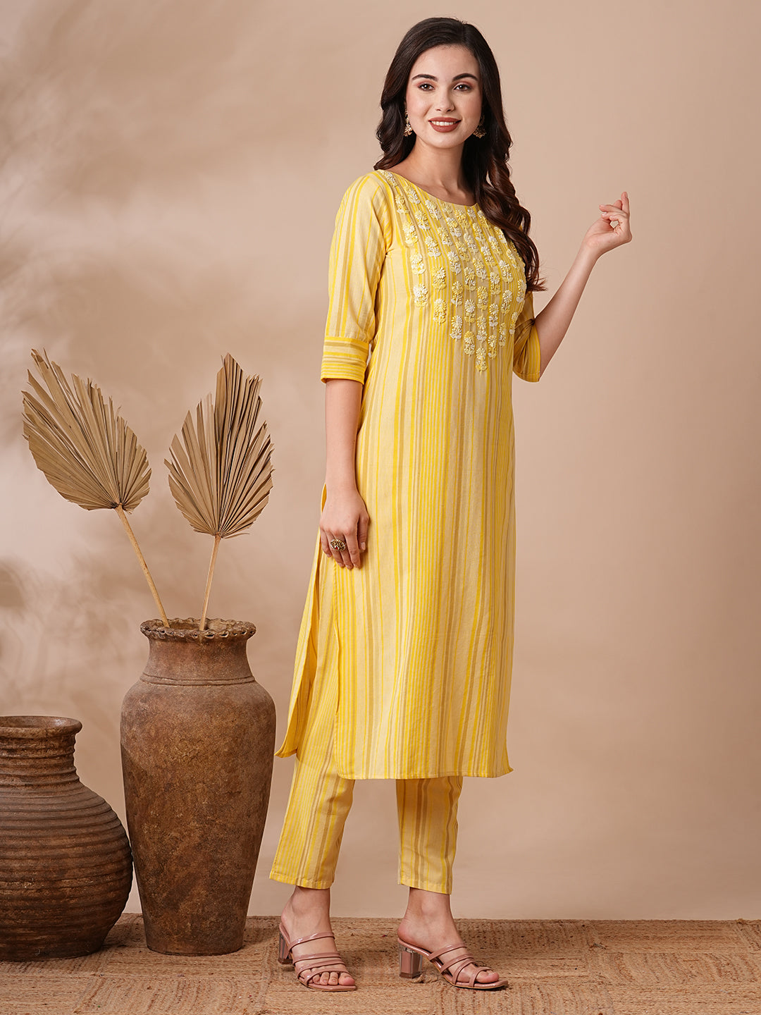 Stripes Printed Resham & Sequins Embroidered Kurta with Pants - Yellow