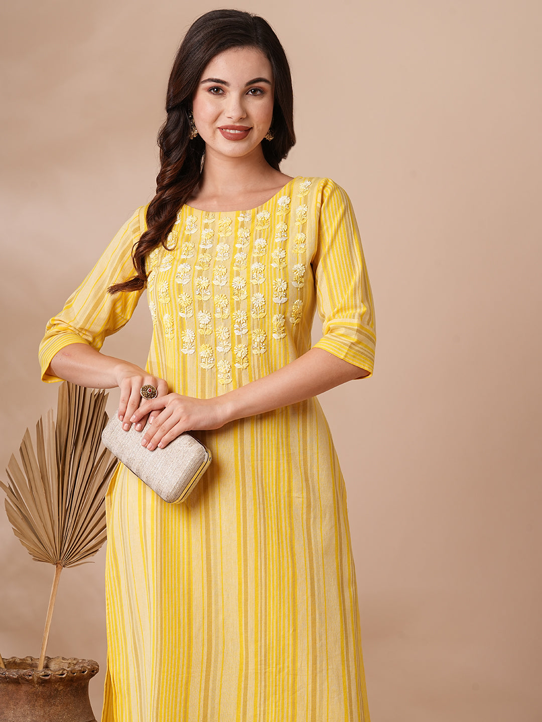 Stripes Printed Resham & Sequins Embroidered Kurta with Pants - Yellow