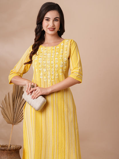 Stripes Printed Resham & Sequins Embroidered Kurta with Pants - Yellow